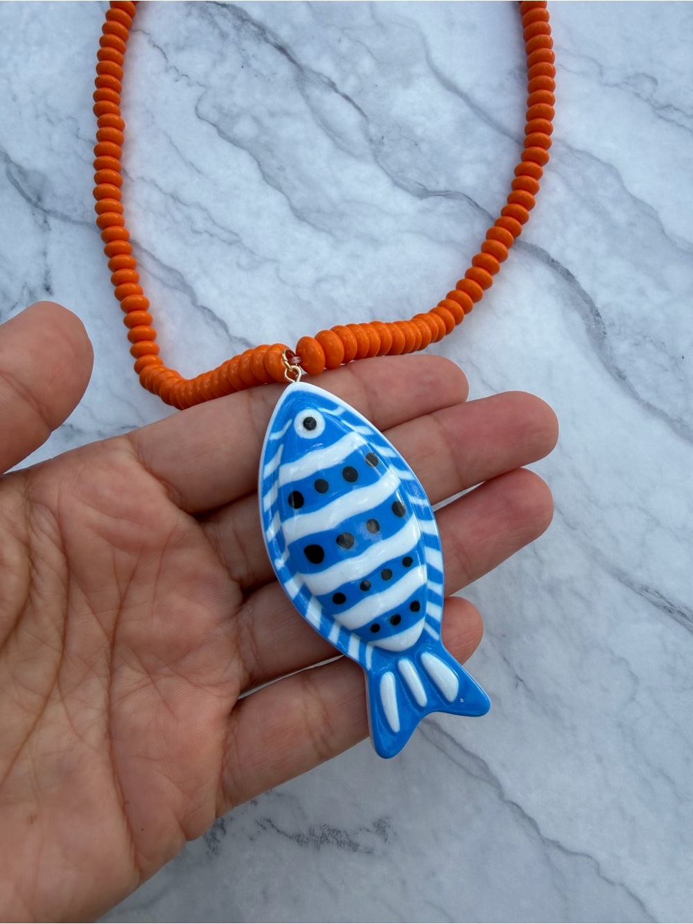 Blue Fish Pendant Necklace with Orange Beaded Cord - Picture 3 of 3